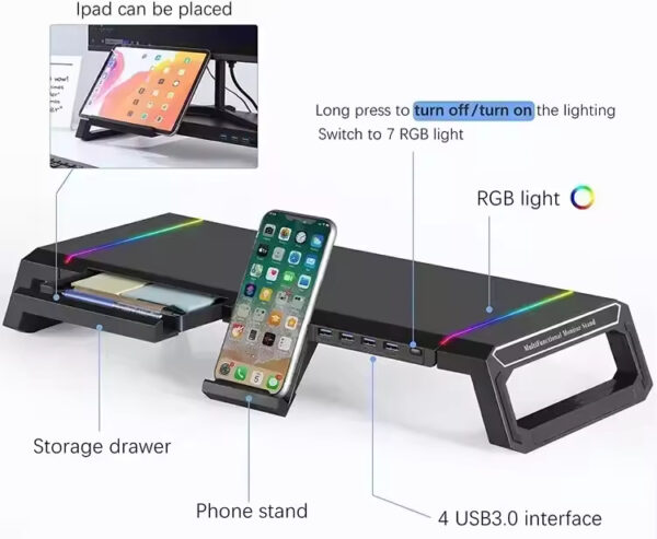 Aluminum PC Monitor Stand – 4 USB Ports with USB 3.0 Fast Charging & Keyboard Storage | Space-Saving Laptop Stand - Image 5